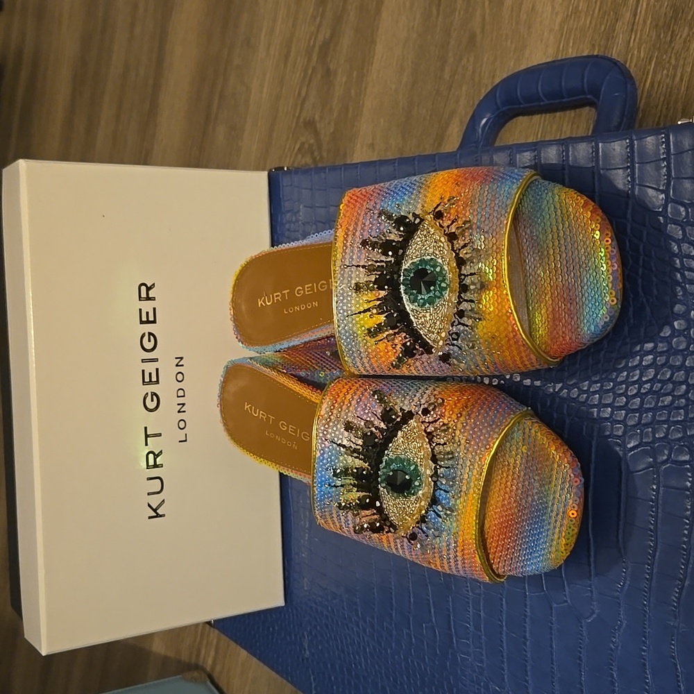 New Kurt Geiger London Women's Multicolor Sequin Slide Sandals. Size 38.5.